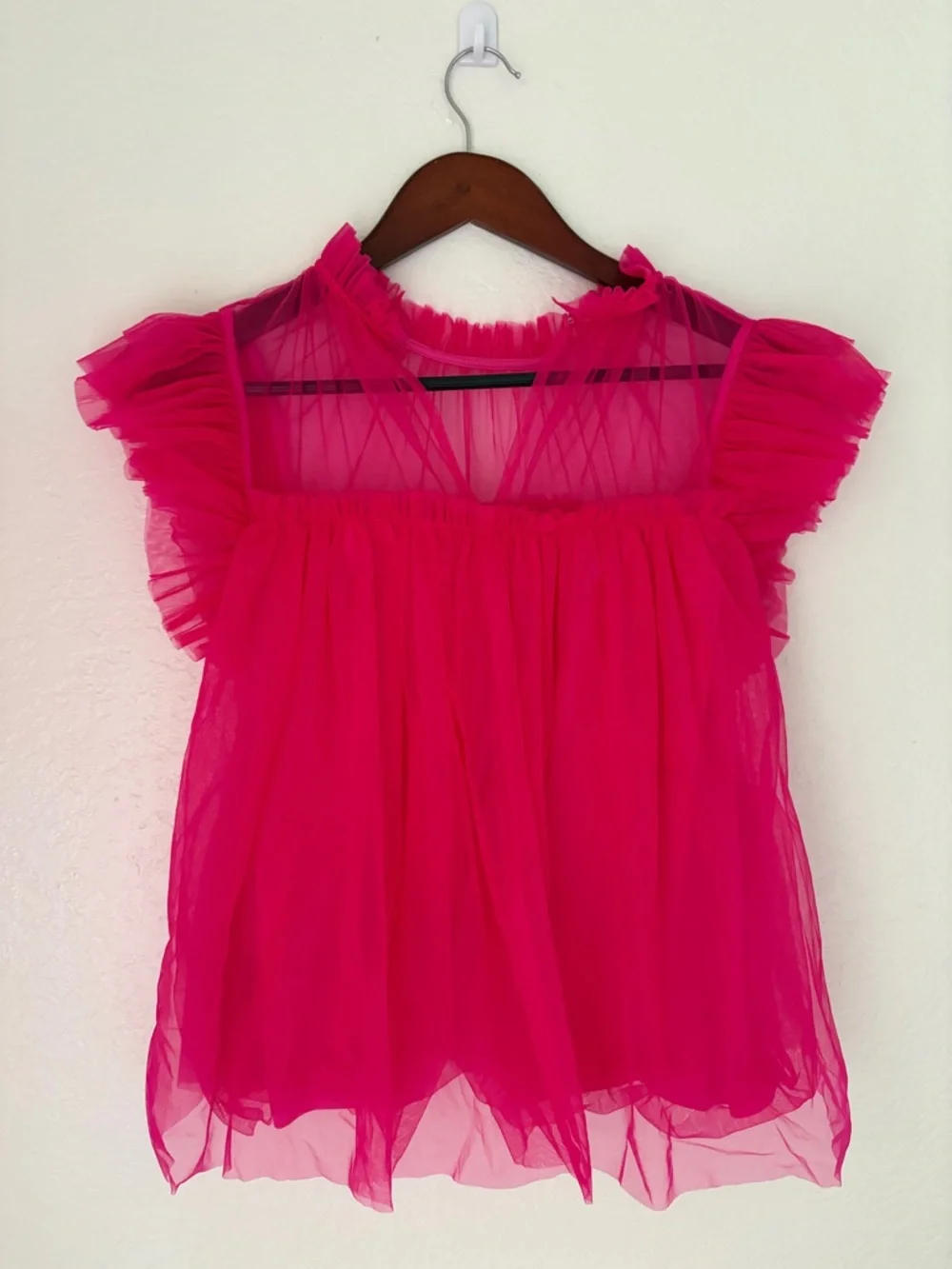 Sunday in Brooklyn Hot Pink Ruffled Sheer Blouse - Picture 2 of 7